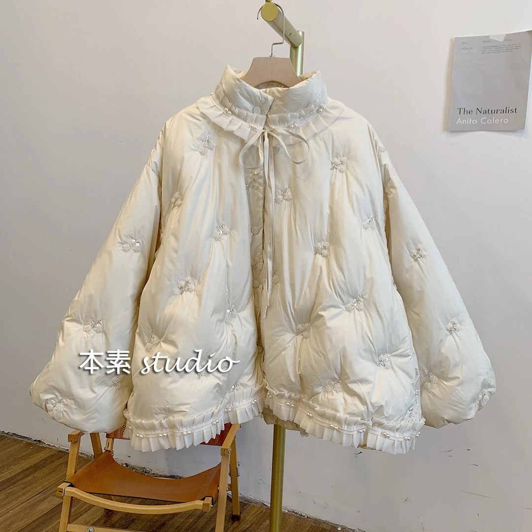 艾莎C2893小立领钉珠拼接轻薄羽绒短外套