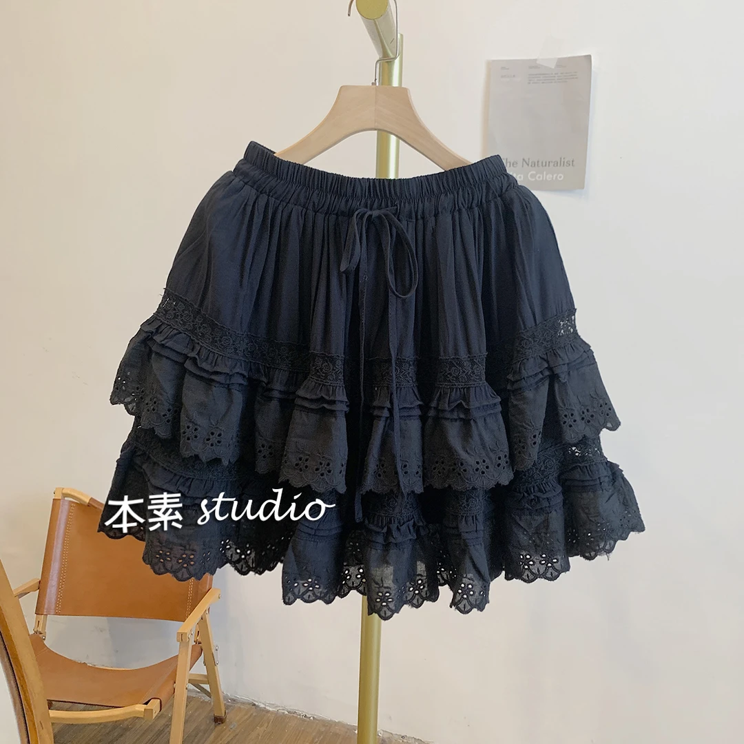 芭蕾舞C0505蕾丝拼接松紧腰系带短裙