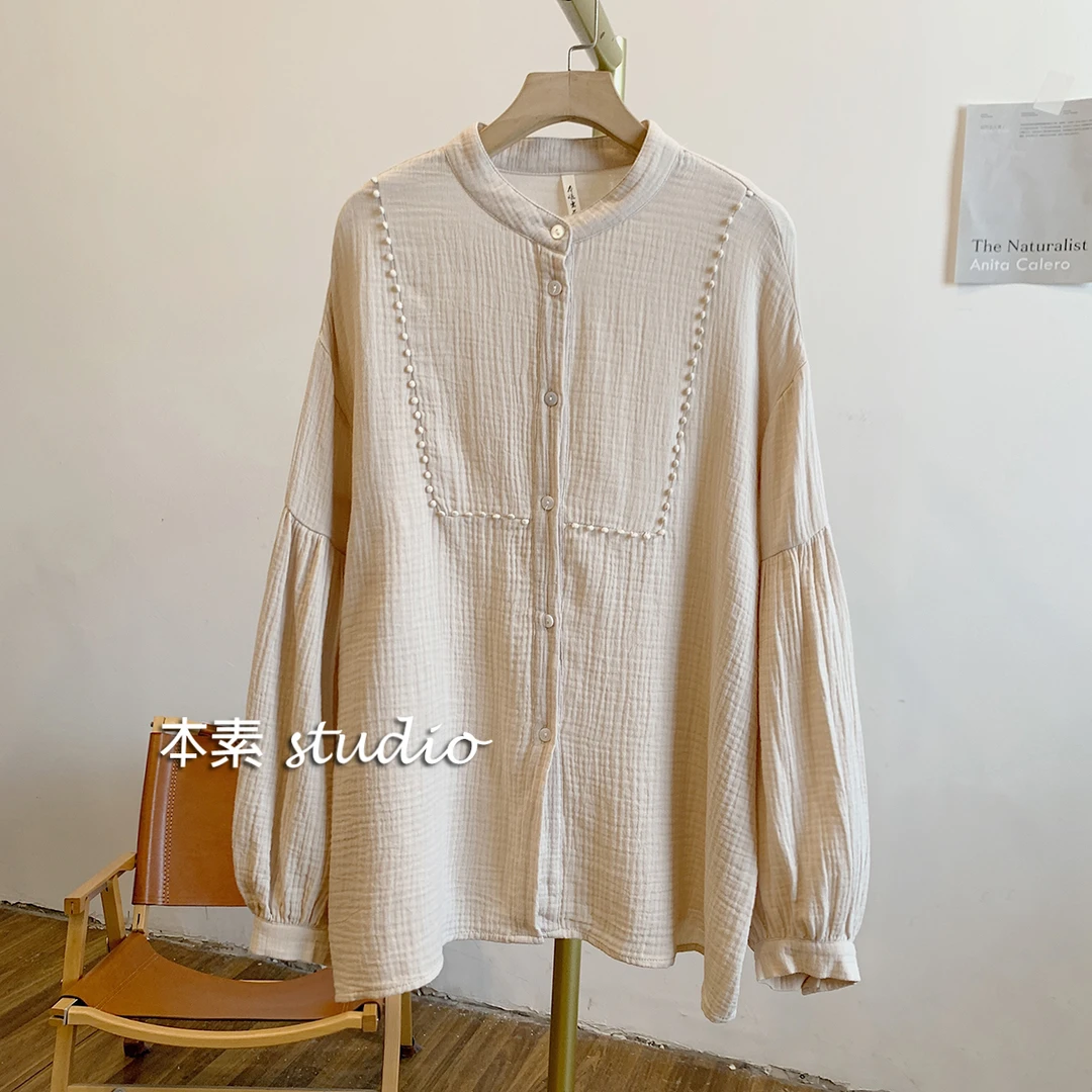 C1761纯色蕾丝边全开扣立领衬衫