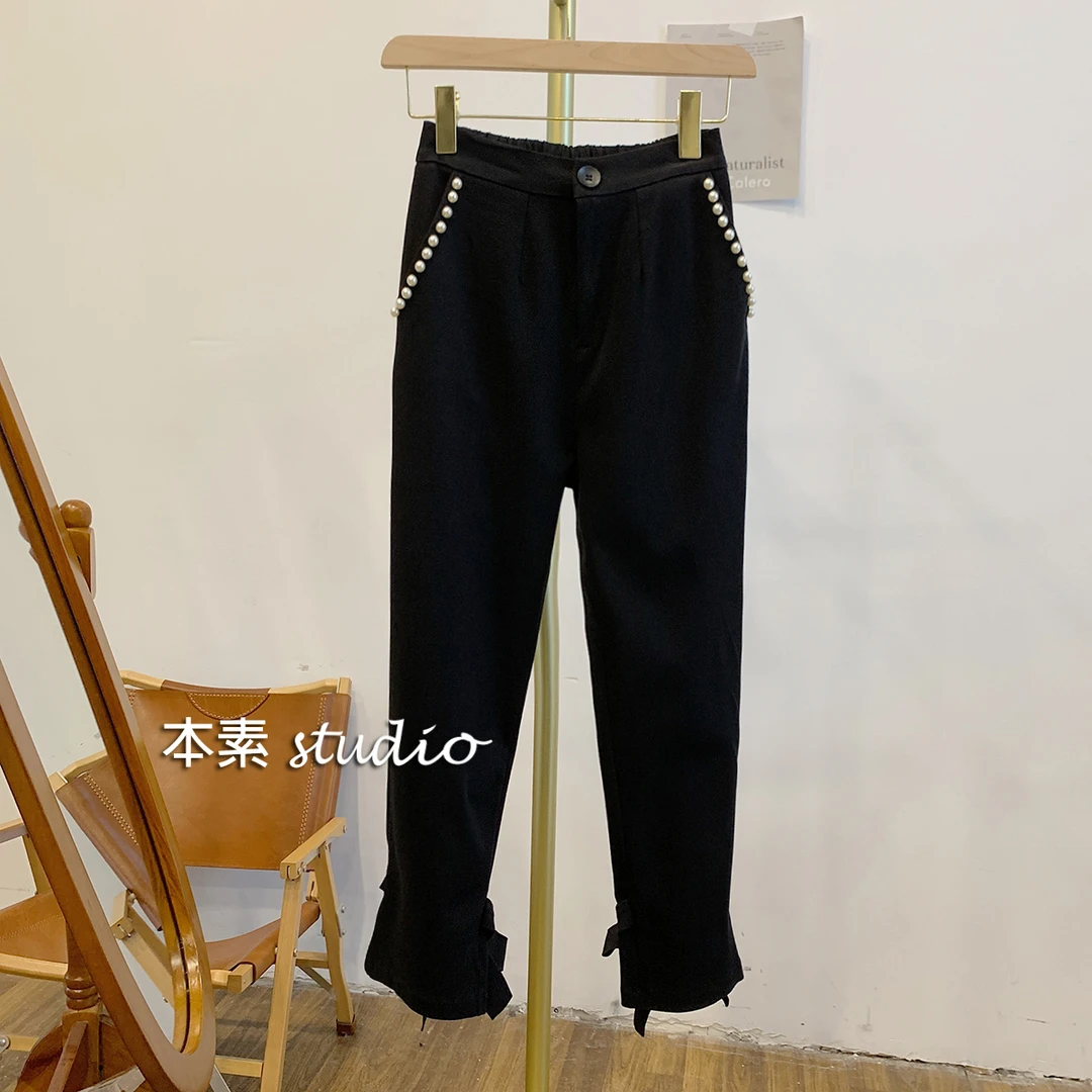 蝴蝶结钉珠裤M9751钉珠蝴蝶结半松紧腰休闲裤