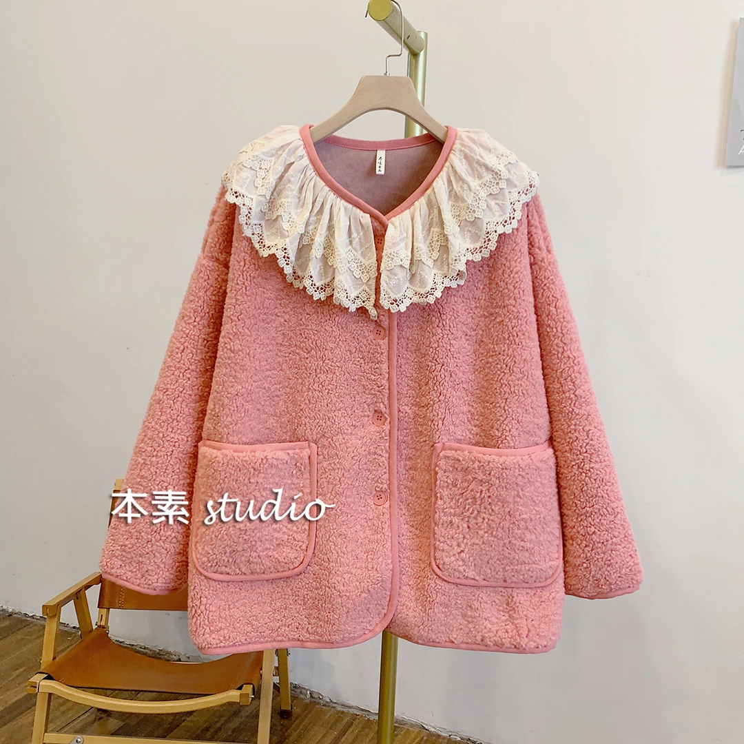 草莓圣代C2804蕾丝拼接娃娃领毛绒外套