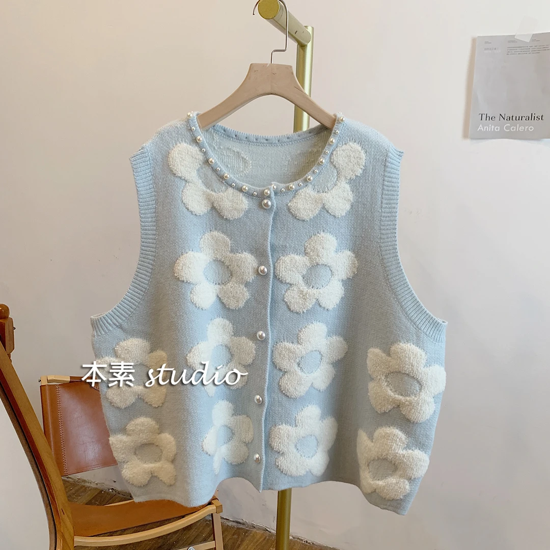 C1424植绒钉珠圆领针织开衫马甲