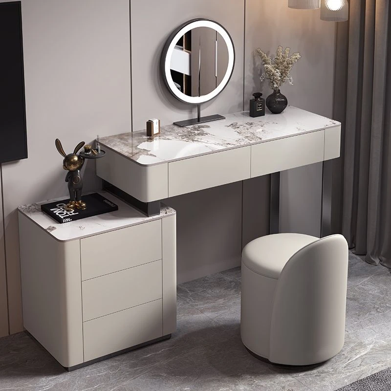 新极简梳妆台收纳柜一体卧室岩板台面纯实木化妆桌轻奢小户型简约