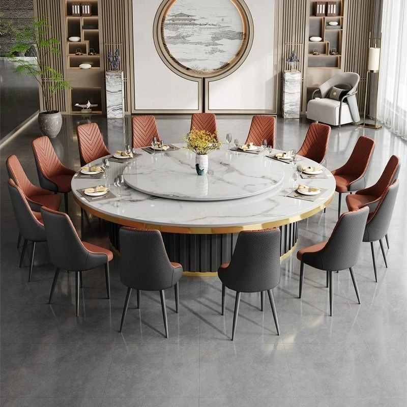 轻奢酒店岩板餐桌电动大圆桌饭店圆形电磁炉火锅桌可旋转带转盘款