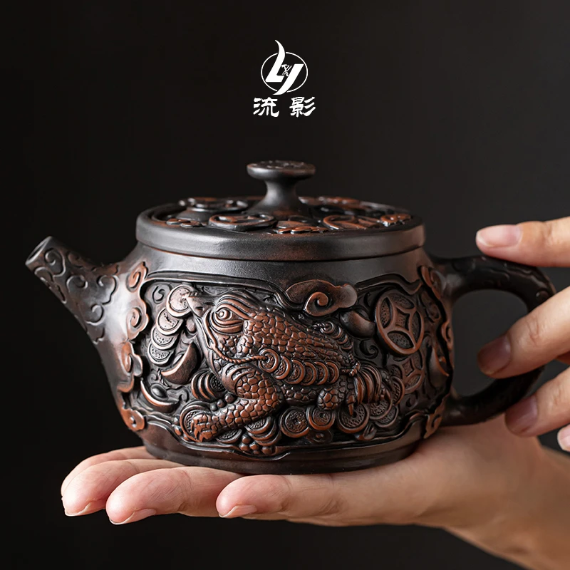 流影高档紫陶宽口茶壶手工浮雕可养家用大号中式功夫茶具泡茶壶