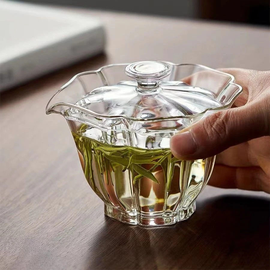 流影花瓣玻璃盖碗茶杯耐热透明盖碗单个泡茶碗功夫茶具家用冲茶碗