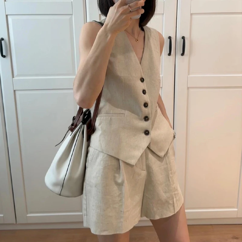 时髦松弛感棉麻亚麻套装女夏季高级感洋气显瘦马甲上衣短裤两件套