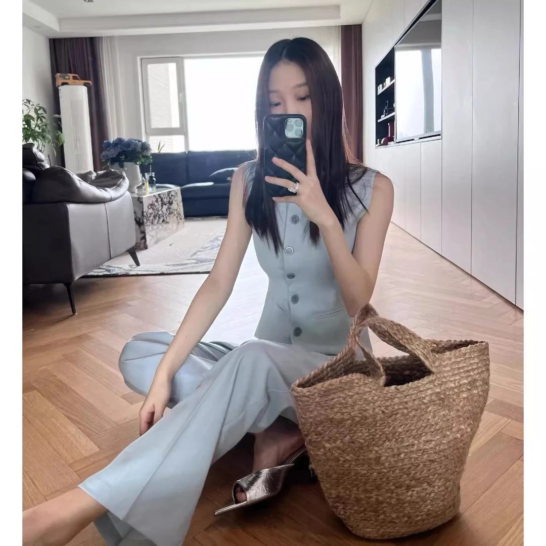 老钱风松弛感蓝色马甲套装修身气质上衣休闲阔腿裤夏季两件套女装