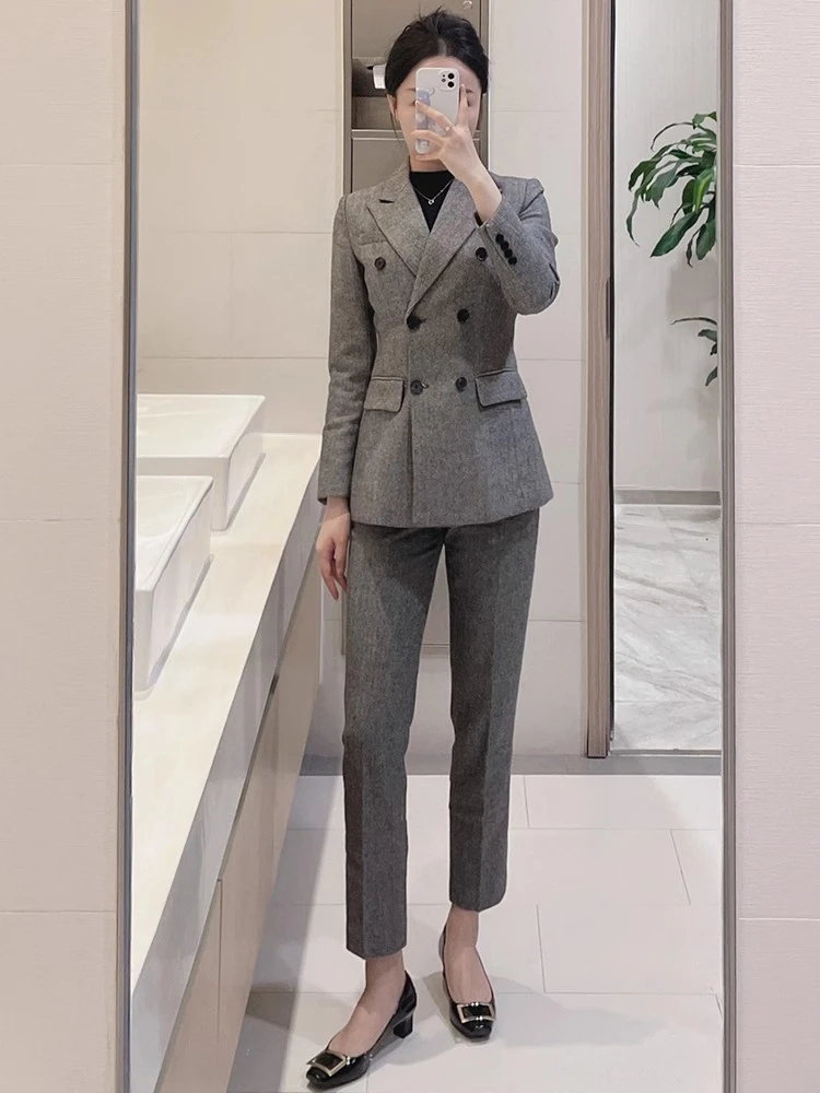 灰色人字纹毛呢高端西装套装女气质职业装秋冬通勤商务正装西服