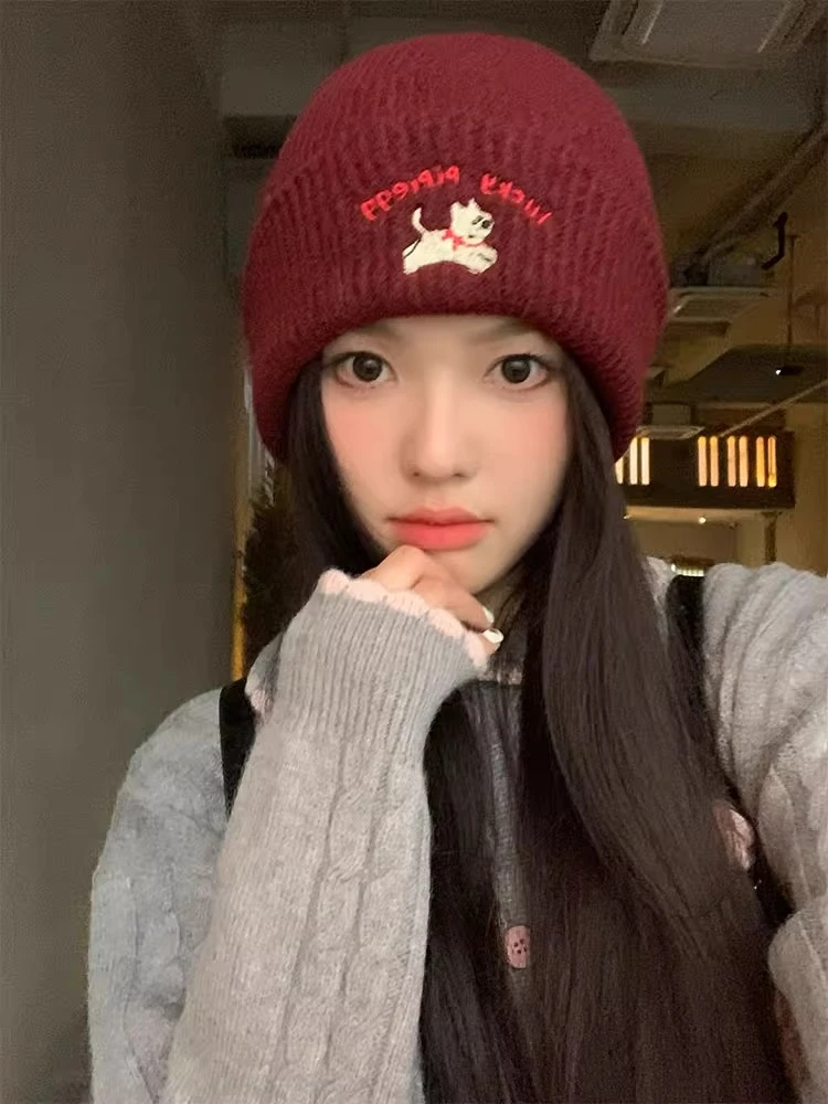 韩系可爱小狗针织毛线帽子女秋冬季2024新款百搭显脸小保暖包头帽