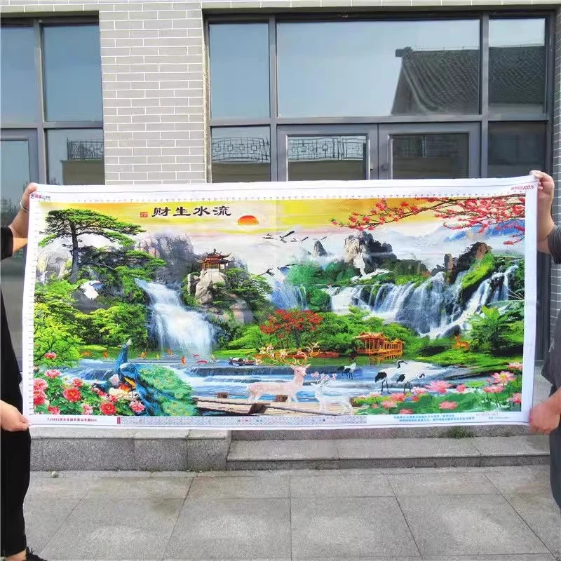 纯手工十字绣成品流水生财山水风景画发财鹿孔雀九鱼聚财新款挂画