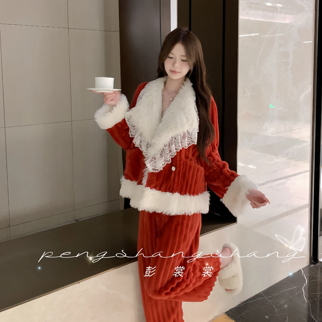彭裳裳【圣诞恋歌】韩版秋冬丝绒款睡衣保暖加厚女士长袖套装