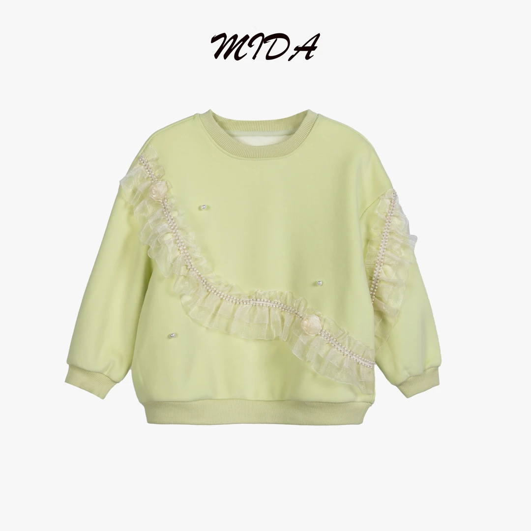 【MIDA】青柠绿蕾丝花边卫衣女童套头长袖休闲休闲宽松圆领卫衣3643