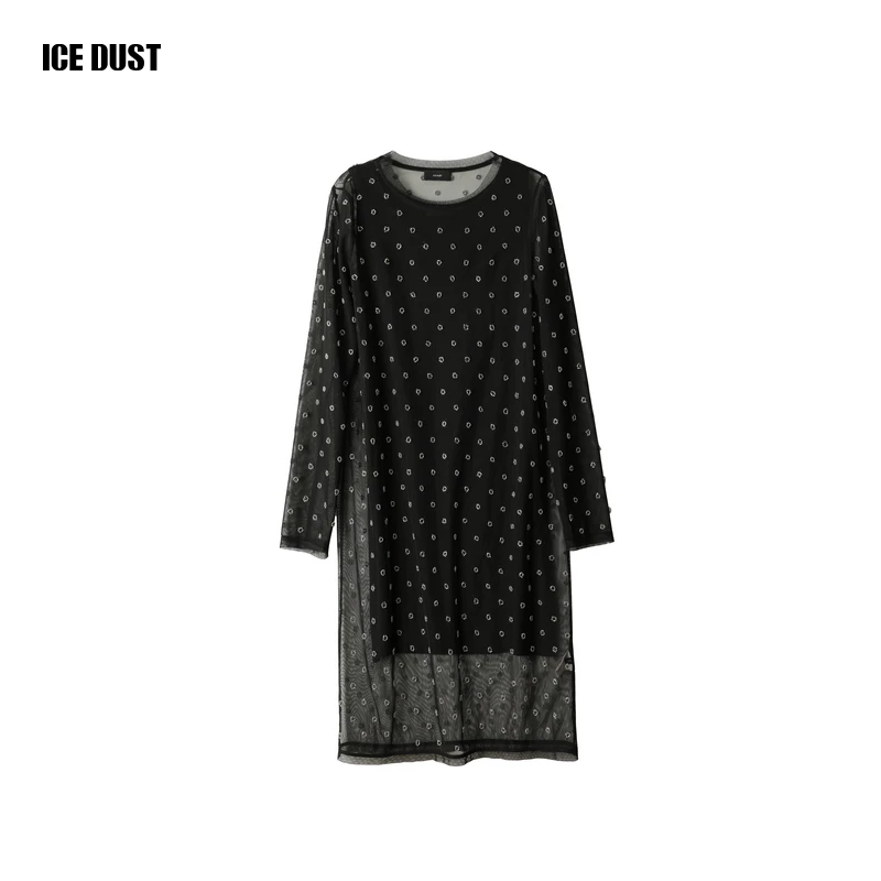 ICEDUST 秋冬胶囊系列钉珠薄纱小众设计长袖T恤长款连衣裙女士