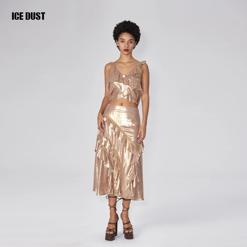 ICEDUST 春夏系列光泽感金属面料拼接蕾丝不对称斜裁荷叶边半裙