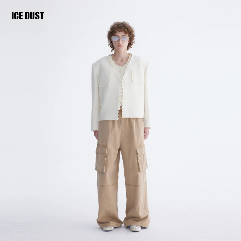 ICEDUST 秋季系列绵羊毛V领钩花小香风时尚垫肩开衫外套女士