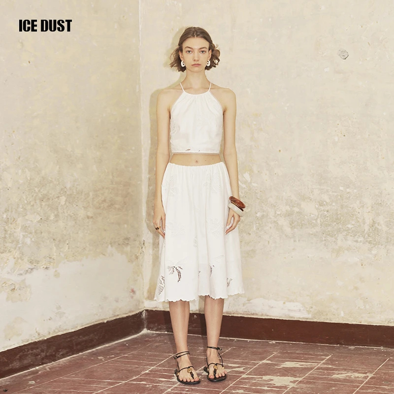 ICEDUST 夏日胶囊系列棉麻刺绣镂空设计感中长款半身裙女士