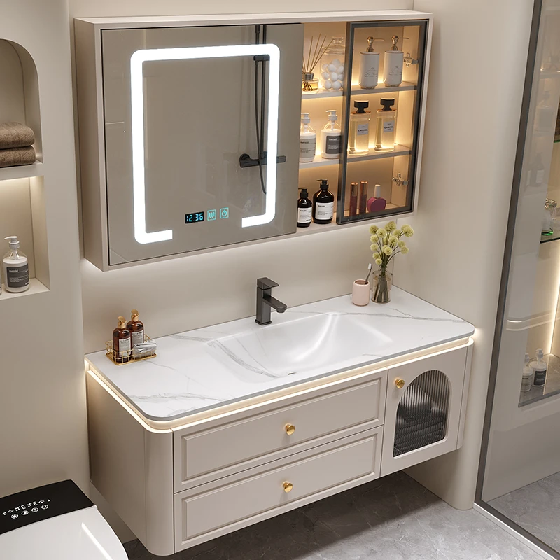 岩板热弯一体盆实木烤漆浴室柜组合卫生间洗漱台洗手盆洗脸盆柜