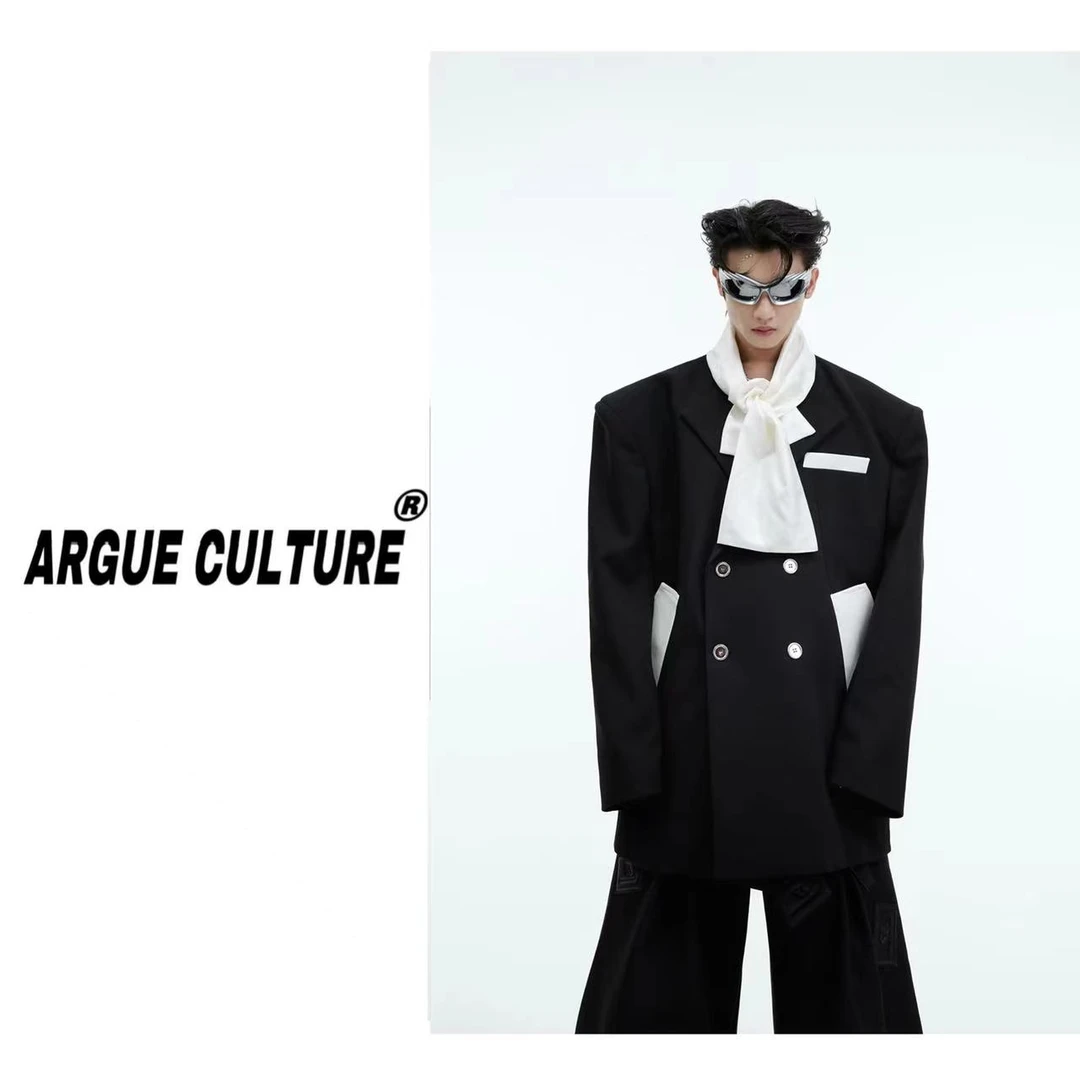 CulturE小众解构斜纹廓形西服外套撞色领带拼接设计感西装上衣男