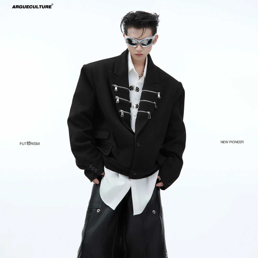 CulturE原创小众垫肩毛呢短款西服外套金属拉链拼接宽松高级西装