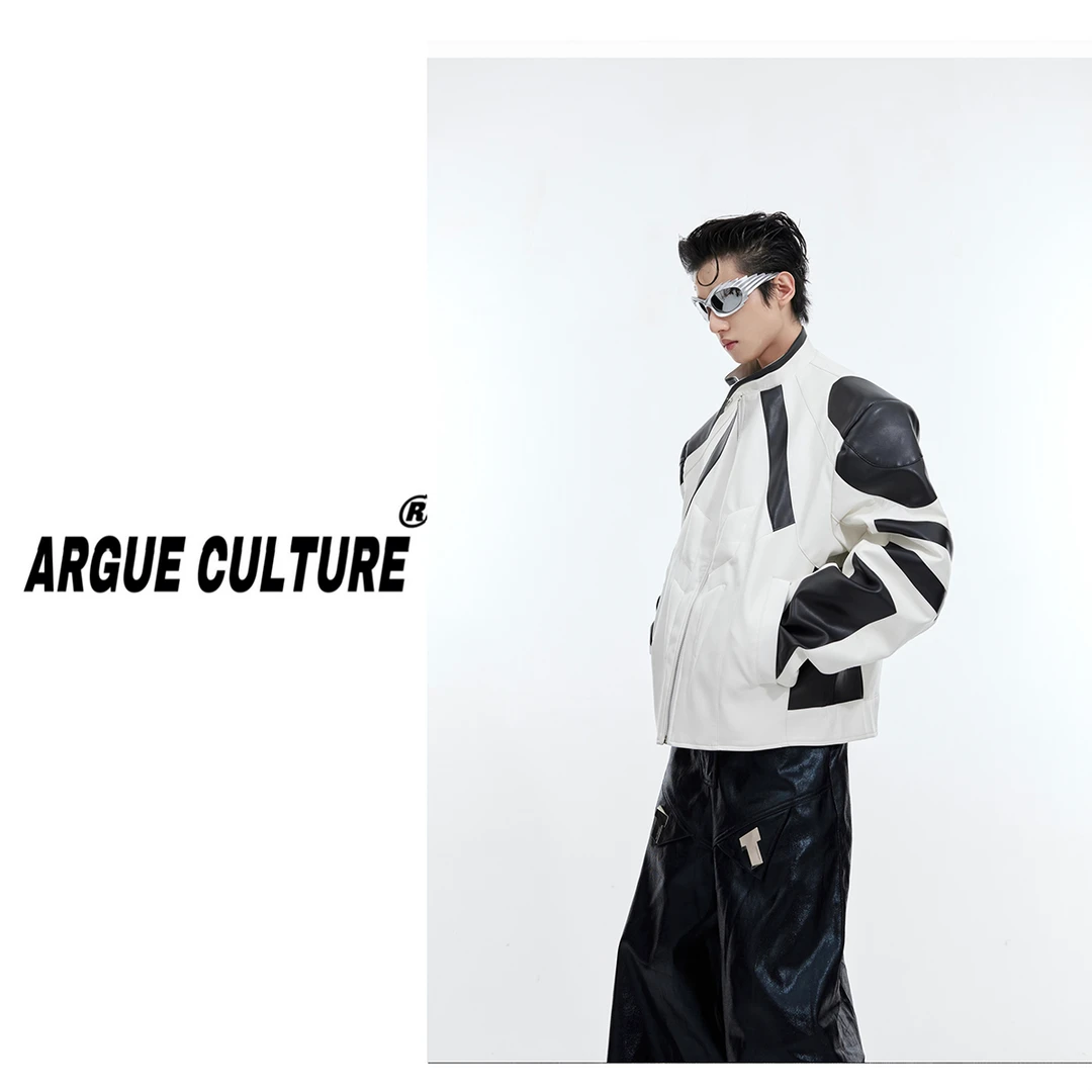 CulturE小众解构撞色拼接短款皮衣夹克外套分割立体浮雕机车服男