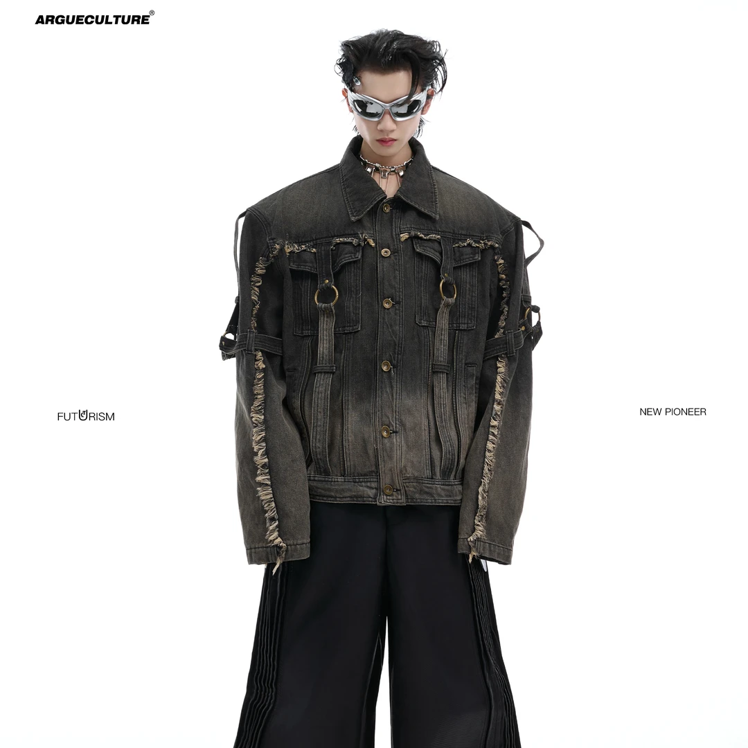 ArguE蚐朸劰釰 重工做旧毛边解构织带设计感牛仔外套渐变水洗夹克