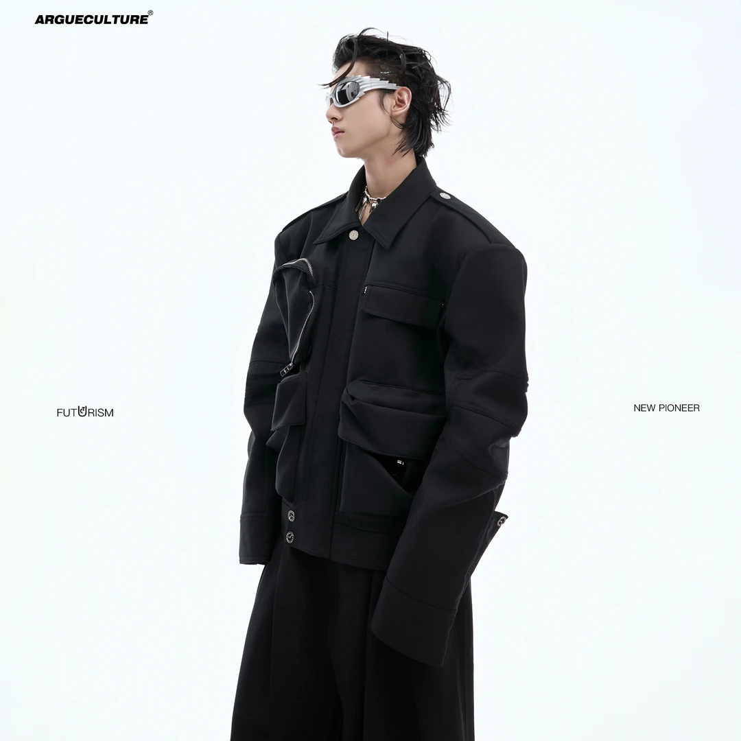 ArguE小众重工多口袋机能工装夹克外套压褶弯袖设计感短款冲锋衣