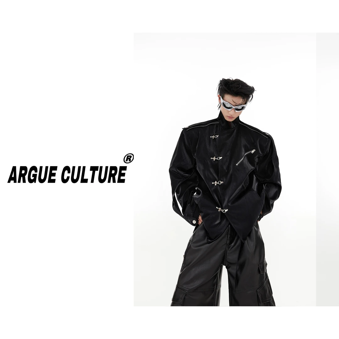 CulturE小众新中式液态流光垫肩西服外套立领金属飞机扣设计夹克