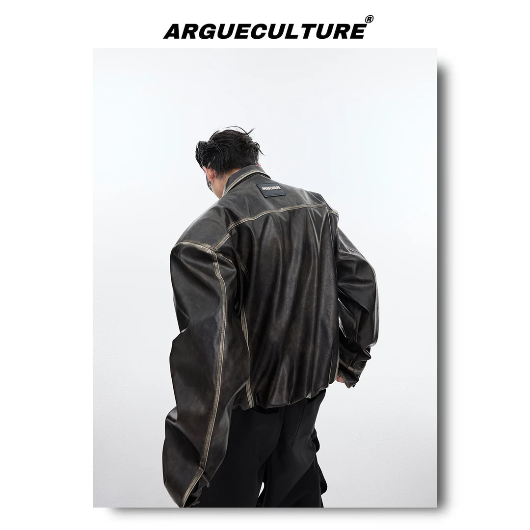 CulturE24ss重磅复古擦皮做旧垫肩夹克外套小众短款廓形宽松皮衣