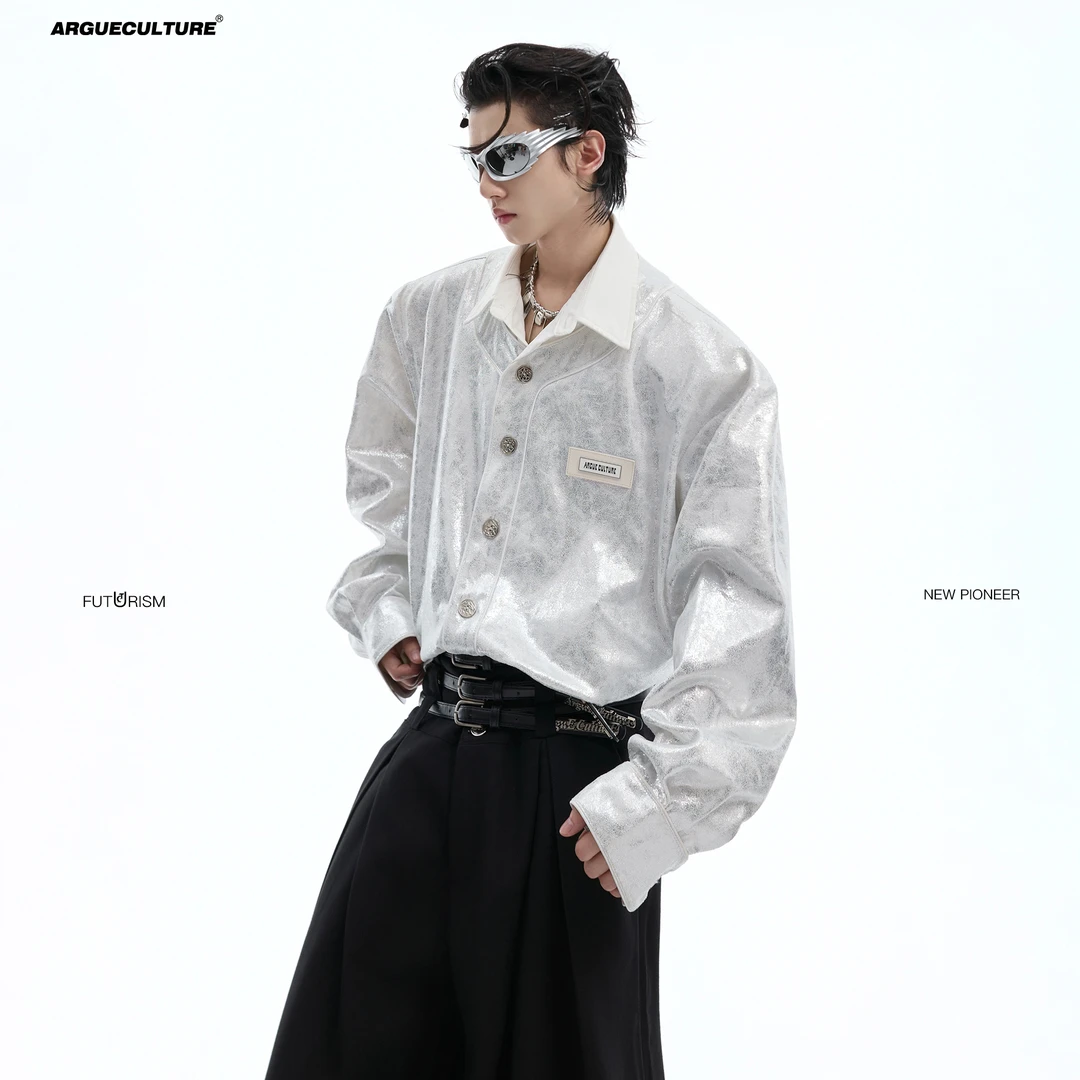 ArguE光影穿桫 液态肌理亮面垫肩衬衫贵气高级假两件设计感外套