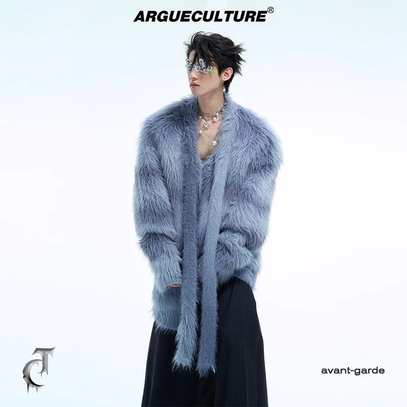 ArguE重磅小众毛毛渐变飘带设计冬季毛衣条纹加厚宽松针织外套