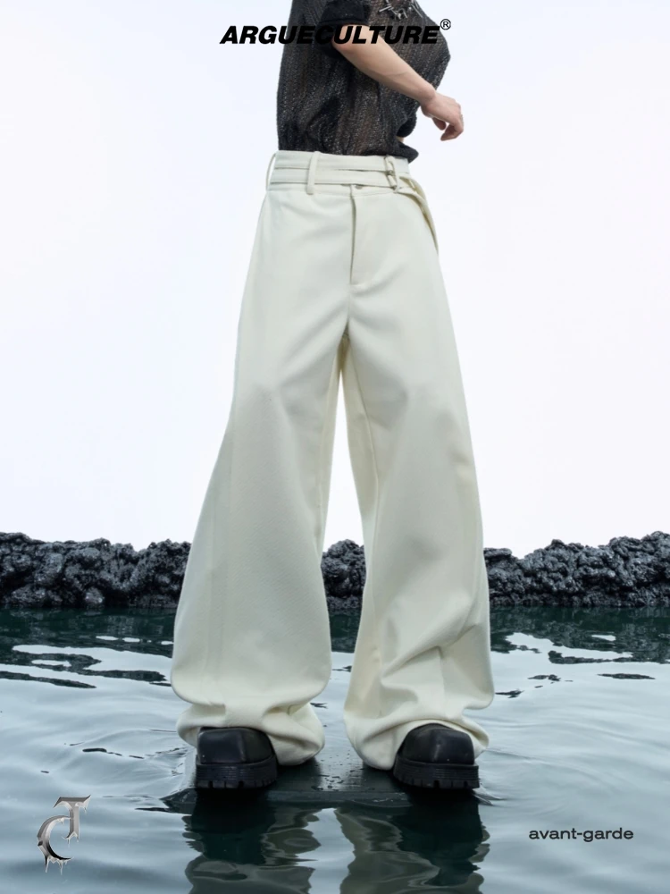 ArguE 新款小众简约毛呢双腰带设计感阔腿裤高腰高级宽松加厚西裤