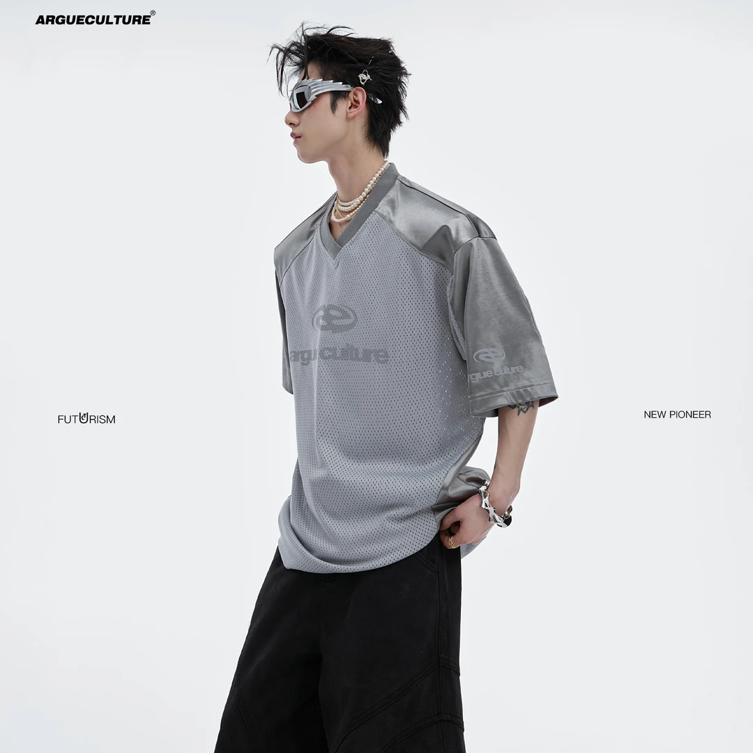 ArguECulturE夏季新款小众银光网面设计感宽松短袖透气棒球服T恤