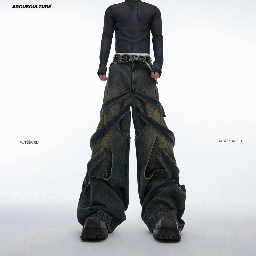 CulturE小众解构立体缠绕做旧水洗镂空牛仔裤重工废土阔腿工装裤