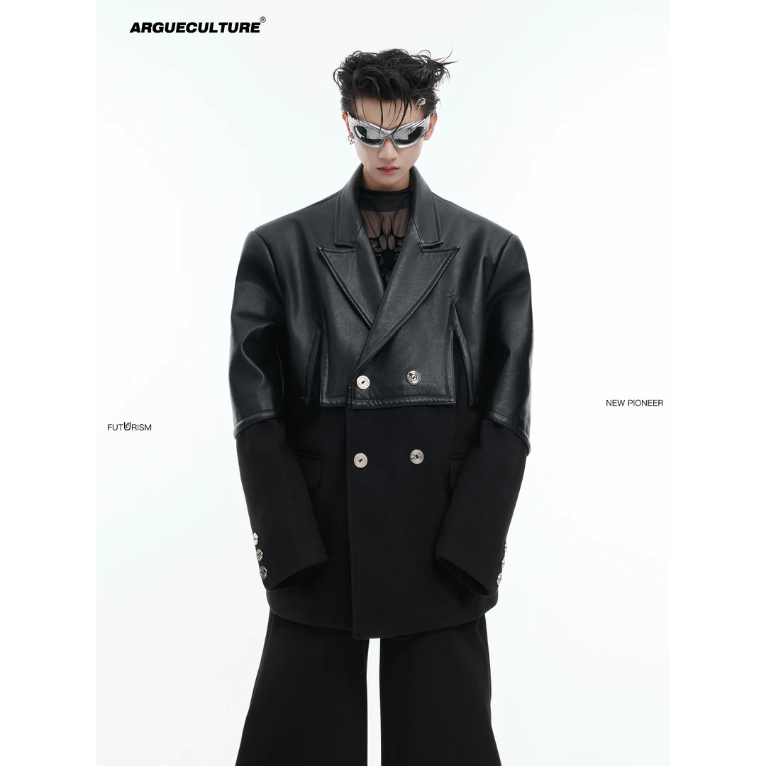 CulturE小众解构不规则廓形西服毛呢PU皮拼接设计感皮衣西装外套