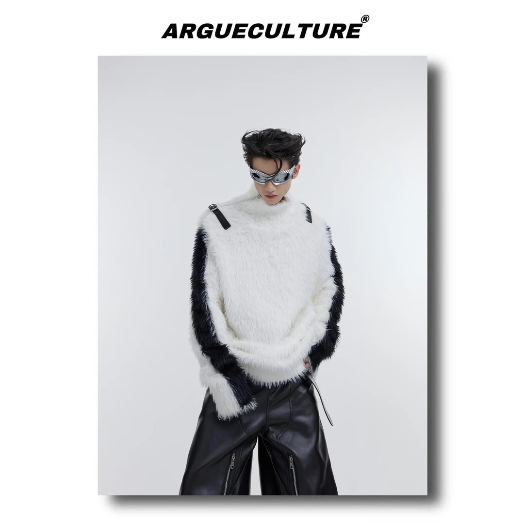 CulturE小众金属拉链仿貂毛针织毛衣皮带解构设计感宽松毛衫男女