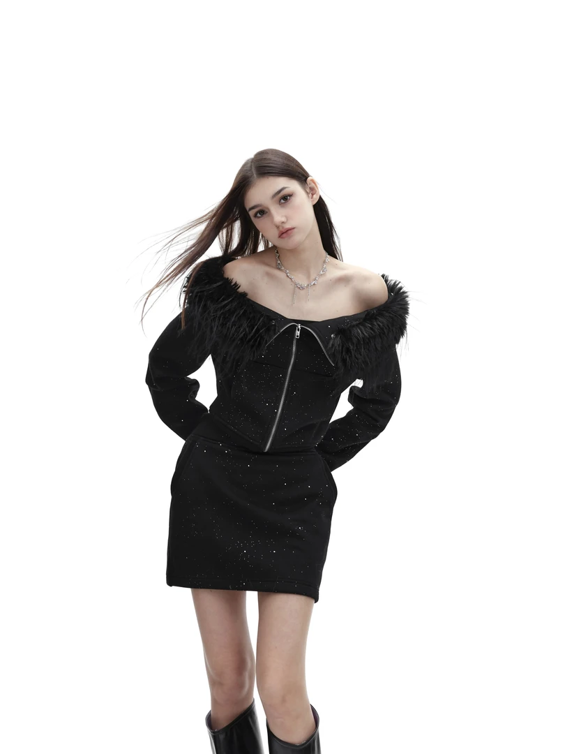 ARGUE CULTURE小众细闪毛绒一字肩毛领长袖短款卫衣修身短裙