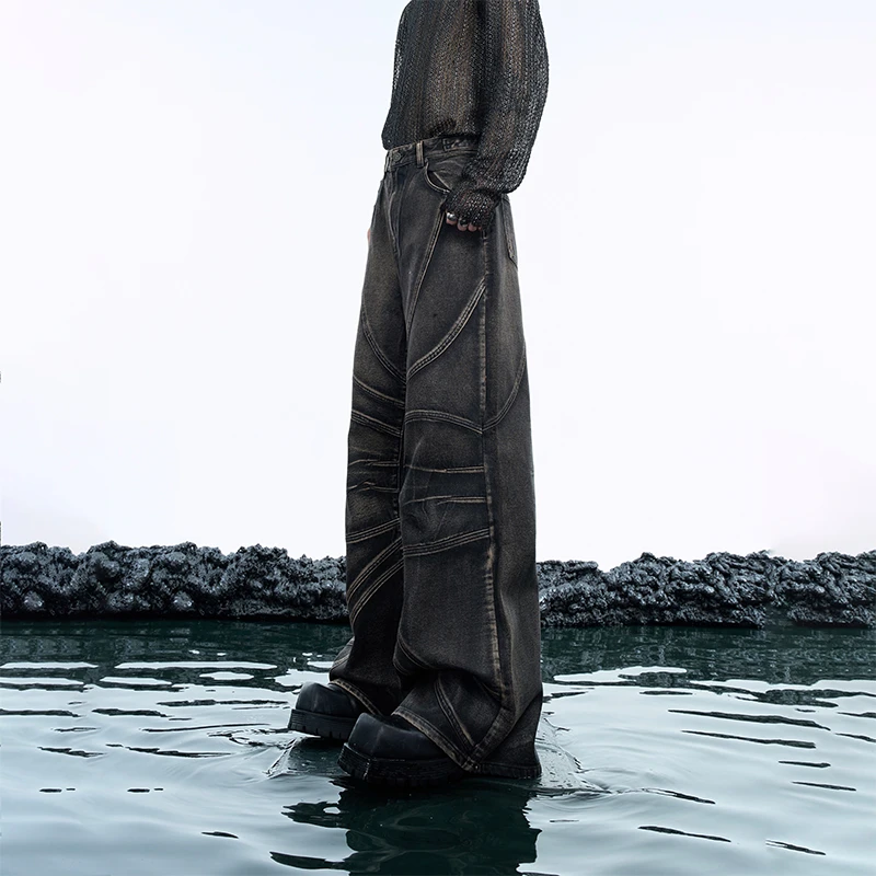 ArguE 小众重工复古做旧水洗牛仔裤拼接股线宽松设计感休闲阔腿裤