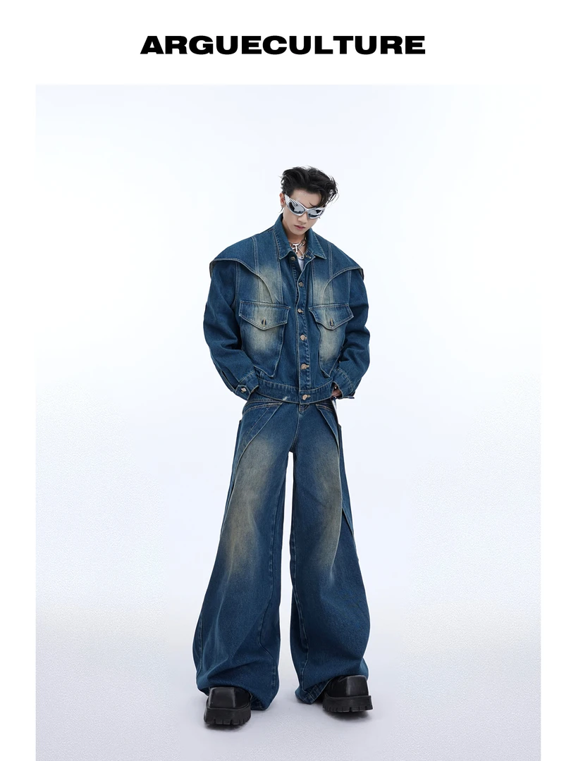 CulturE重磅小众解构双层设计感短款牛仔外套套装做旧水洗阔腿裤