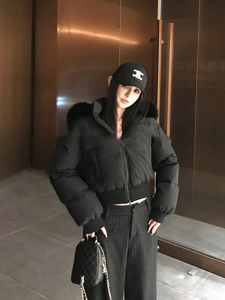 冬季新款高级感毛领连帽收腰加厚短款黑色棉服外套女酷辣百搭棉衣