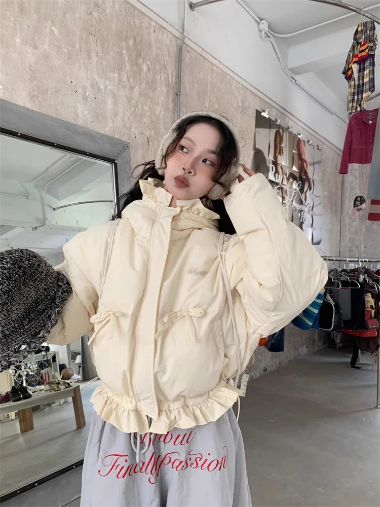 美式淡黄色蝴蝶结花边设计短款棉服女冬季小个子街头连帽保暖棉衣