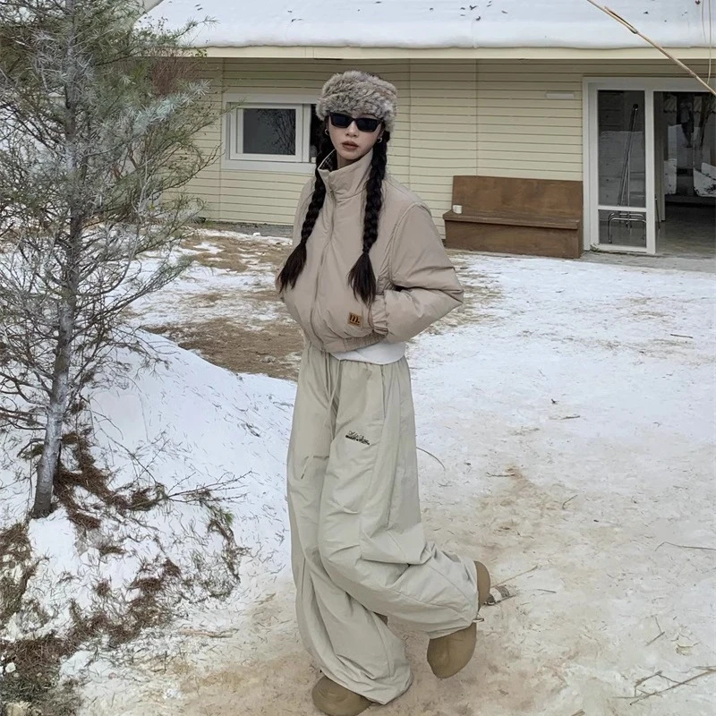 美式复古卡其色拼接格纹短款棉服女款冬季小众显瘦百搭面包服棉衣