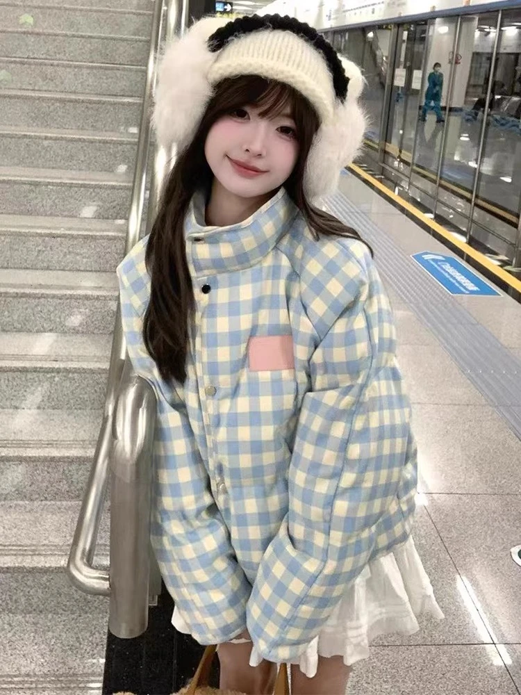 甜美格子立领棉服女2024冬季新款少女感可爱宽松加厚小个子面包服
