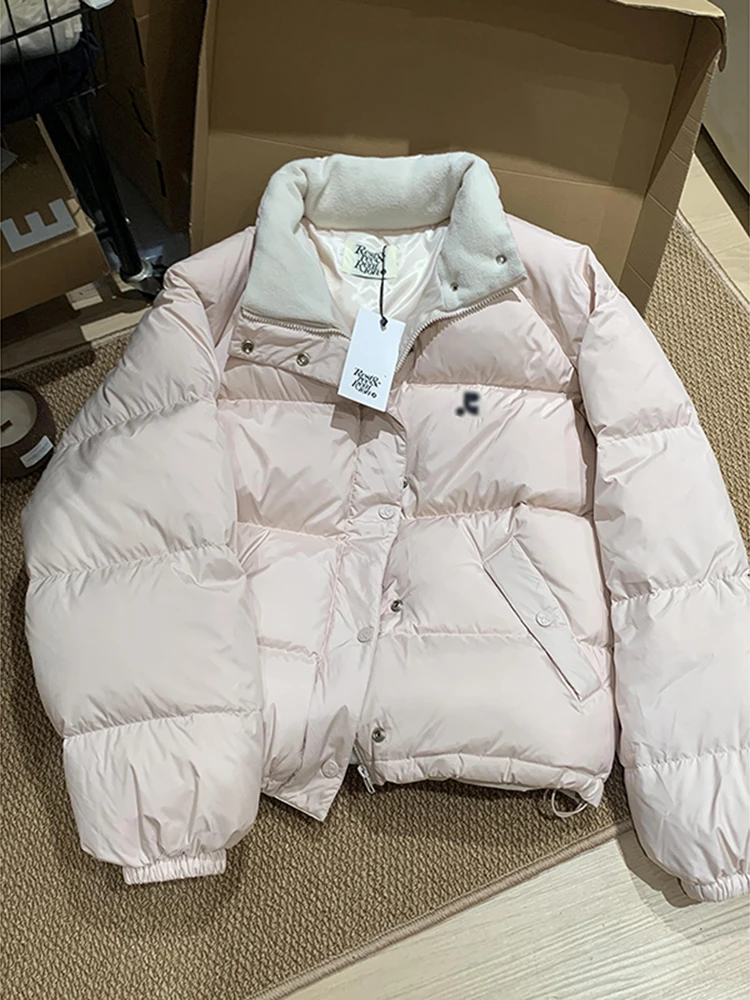 甜美风浅粉色立领短款棉服棉衣女冬季新款宽松加厚保暖面包服外套