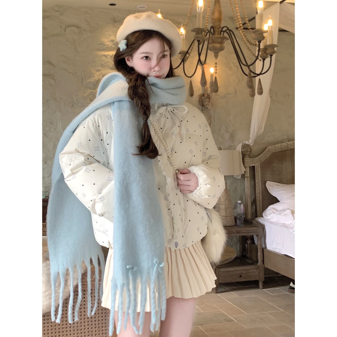 甜系印花蝴蝶结绑带立领棉服外套女冬季小香风拼接蕾丝保暖面包服
