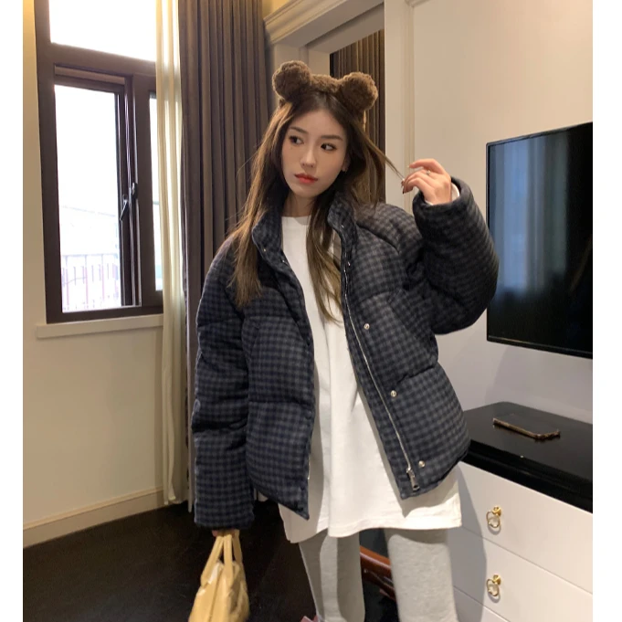 韩版复古格子短款面包棉服女冬季2024新款百搭立领棉衣加厚棉袄
