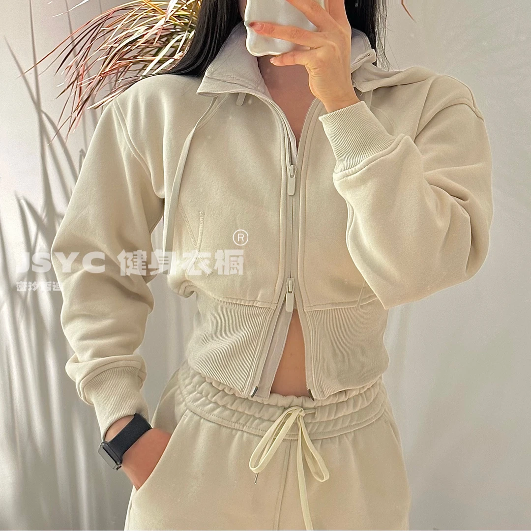 JSYC健身衣橱-lulu同款加绒收腰短款立领连帽双拉链运动健身外套