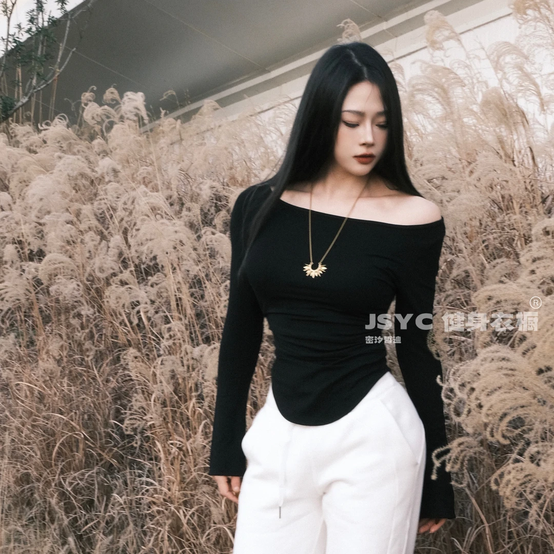 JSYC健身衣橱-春秋褶皱圆弧下摆显腰身运动健身日常纯色打底长袖