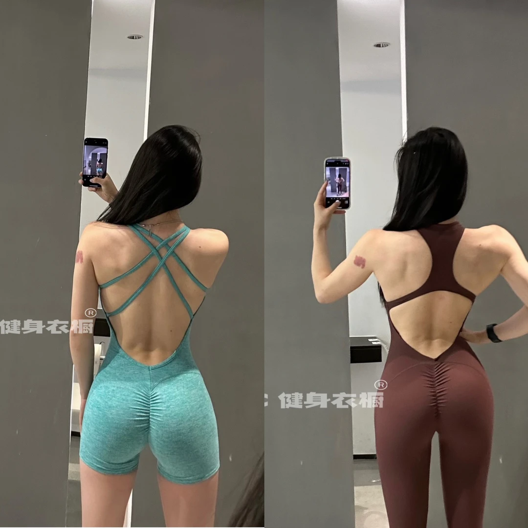 JSYC健身衣橱-新褶皱蜜桃臀瑜伽健身裤速干训练运动瑜伽连体套装
