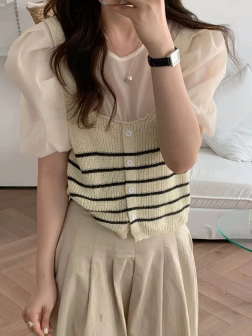 小妳XiaoNi———（夏款条纹拼接雪纺针织衫1320498）